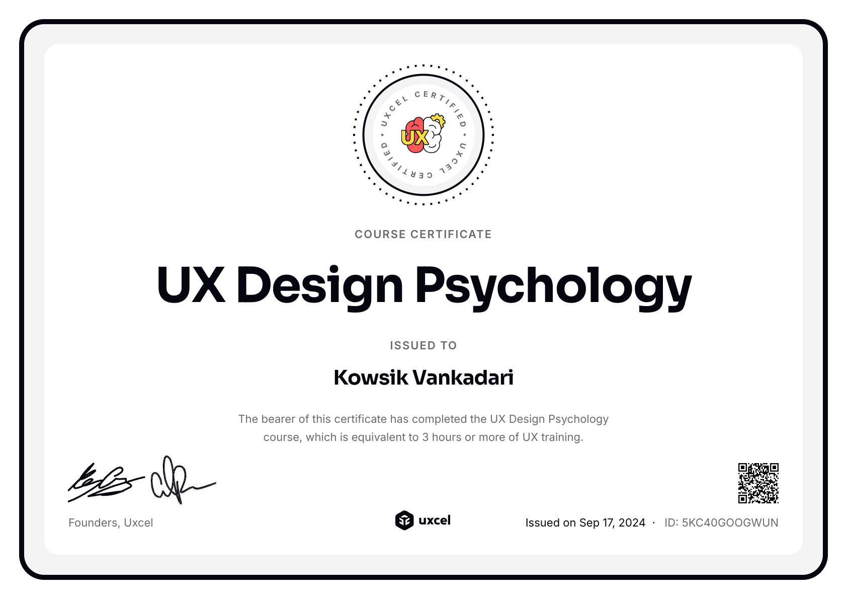 Kowsik Vankadari's certificate